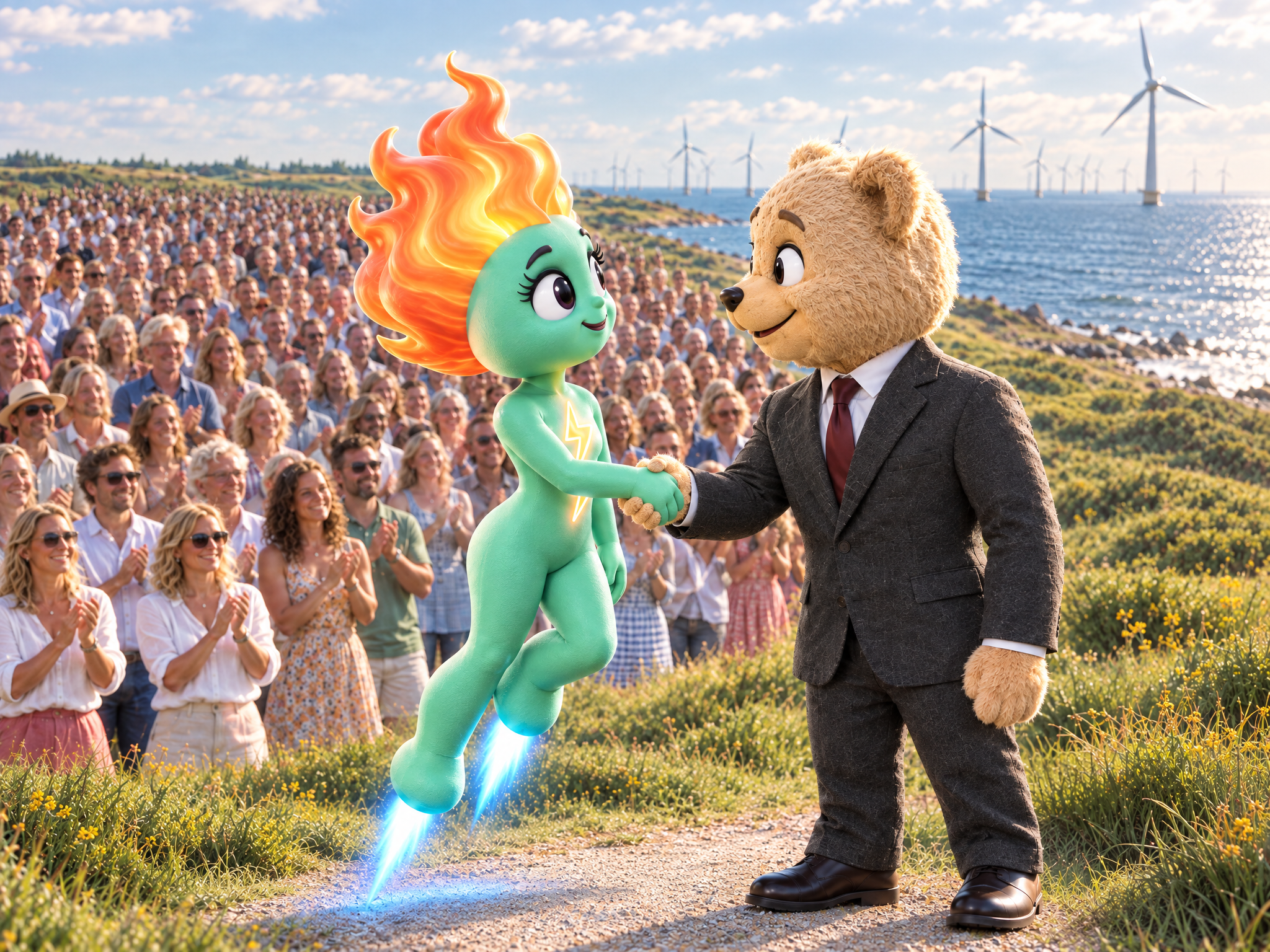 Svævende Gnisti giver en glad bamse i jakkesæt hånden foran en stor flok voksne ved en dansk vindmøllepark